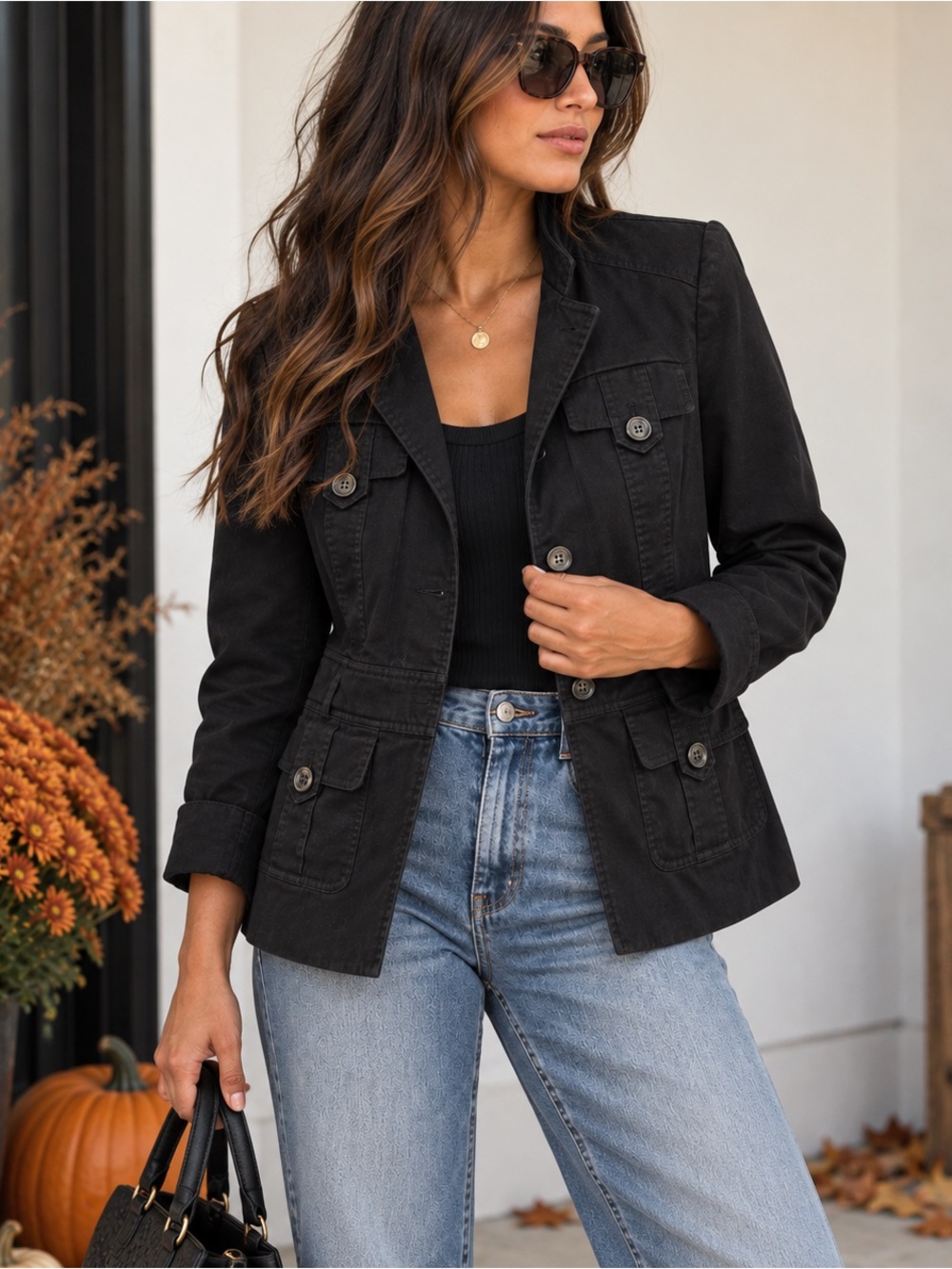Anne Klein Dark Black Military-Style Field Jacket